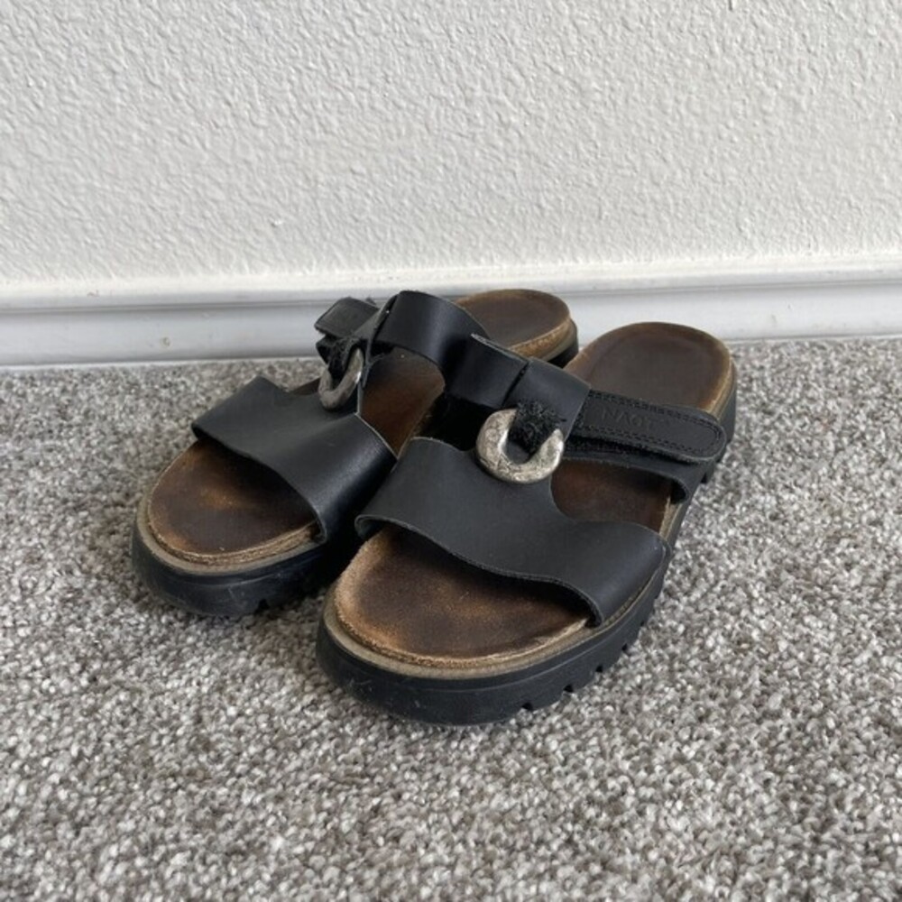 Naot Platform Sandals Womens Size 4.5 Black Leather Slip On Shoes Cork Lug Sole
